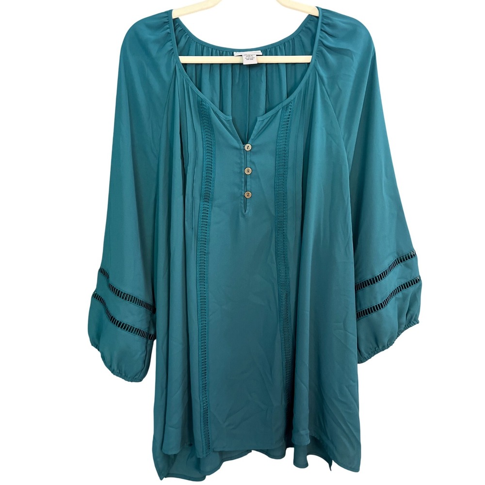 Catherines Peasant Blouse Tunic 2X Teal Bell Sleeve Bohemian Chic Casual Popover